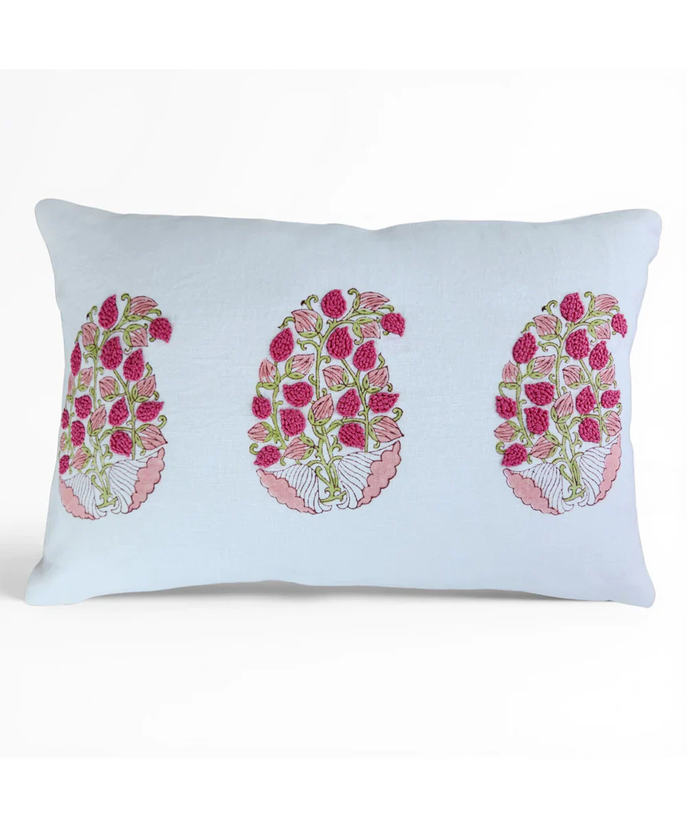 Off White & Pink Block Printed with Hand Embroidery Pure Linen Cushion Cover (12x18 In) | SHOBITAM