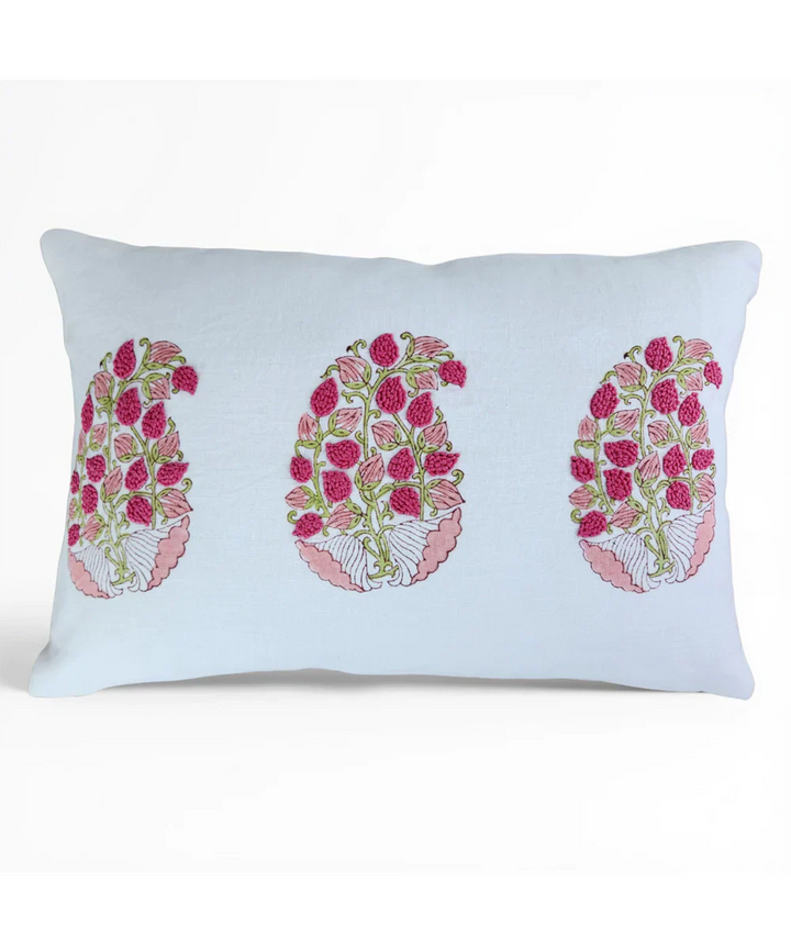 Off White & Pink Block Printed with Hand Embroidery Pure Linen Cushion Cover (12x18 In) | SHOBITAM