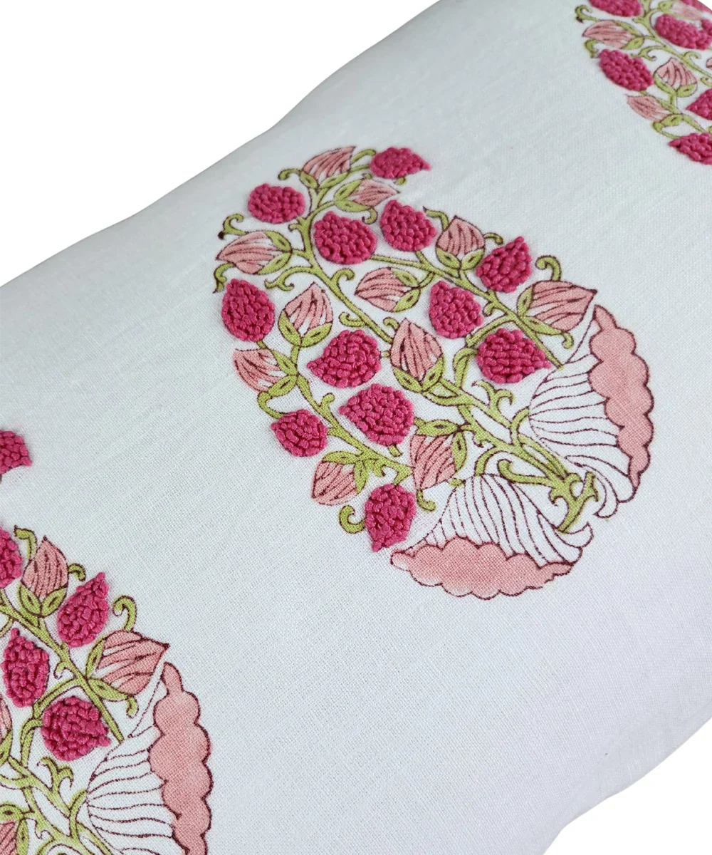 Off White & Pink Block Printed with Hand Embroidery Pure Linen Cushion Cover (12x18 In) | SHOBITAM