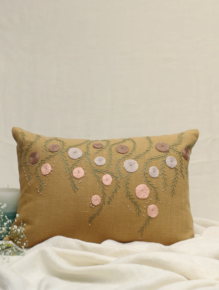 Hanging Garden : Mustard Olive Hand Embroidered Pure Linen Rectangular Cushion Cover, 12 by 18, Single piece