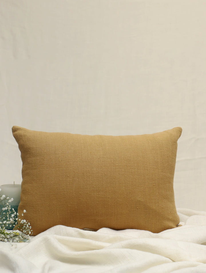 Hanging Garden : Mustard Olive Hand Embroidered Pure Linen Rectangular Cushion Cover, 12 by 18, Single piece