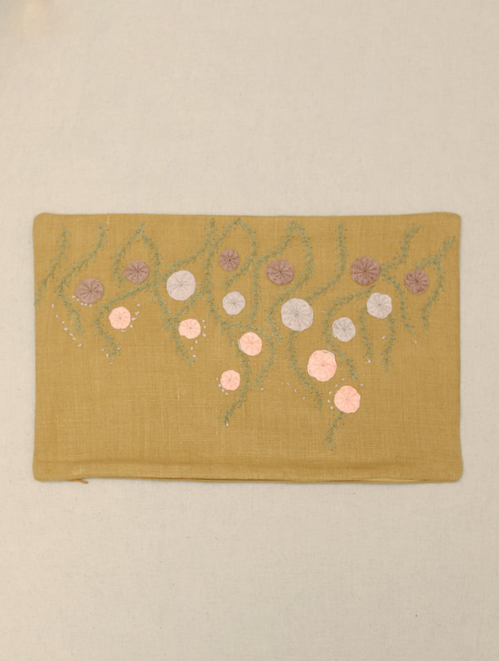 Hanging Garden : Mustard Olive Hand Embroidered Pure Linen Rectangular Cushion Cover, 12 by 18, Single piece