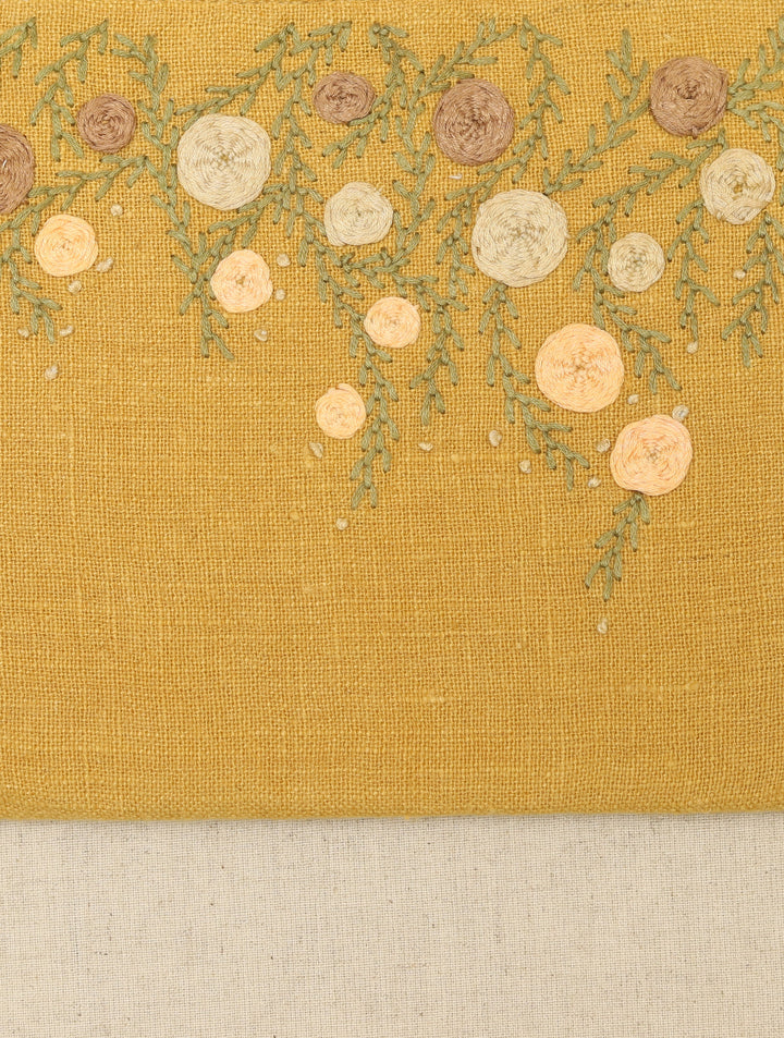 Hanging Garden : Mustard Olive Hand Embroidered Pure Linen Rectangular Cushion Cover, 12 by 18, Single piece