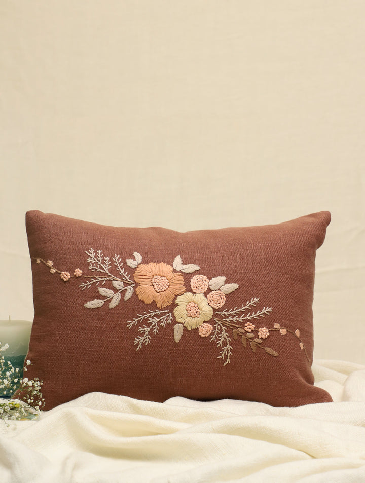 Cedar Blossom : Brown Hand Embroidered Pure Linen Rectangular Cushion Cover 12 by 18, Single piece