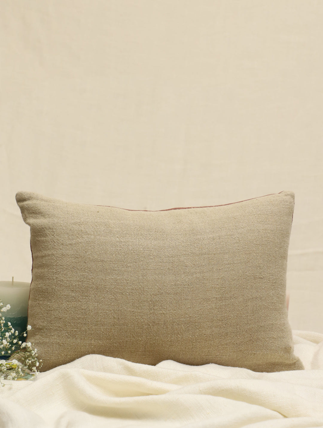 Cedar Blossom : Brown Hand Embroidered Pure Linen Rectangular Cushion Cover 12 by 18, Single piece
