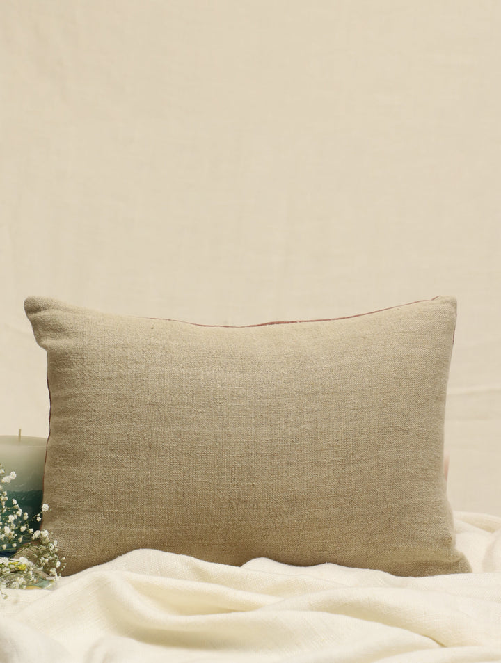 Cedar Blossom : Brown Hand Embroidered Pure Linen Rectangular Cushion Cover 12 by 18, Single piece