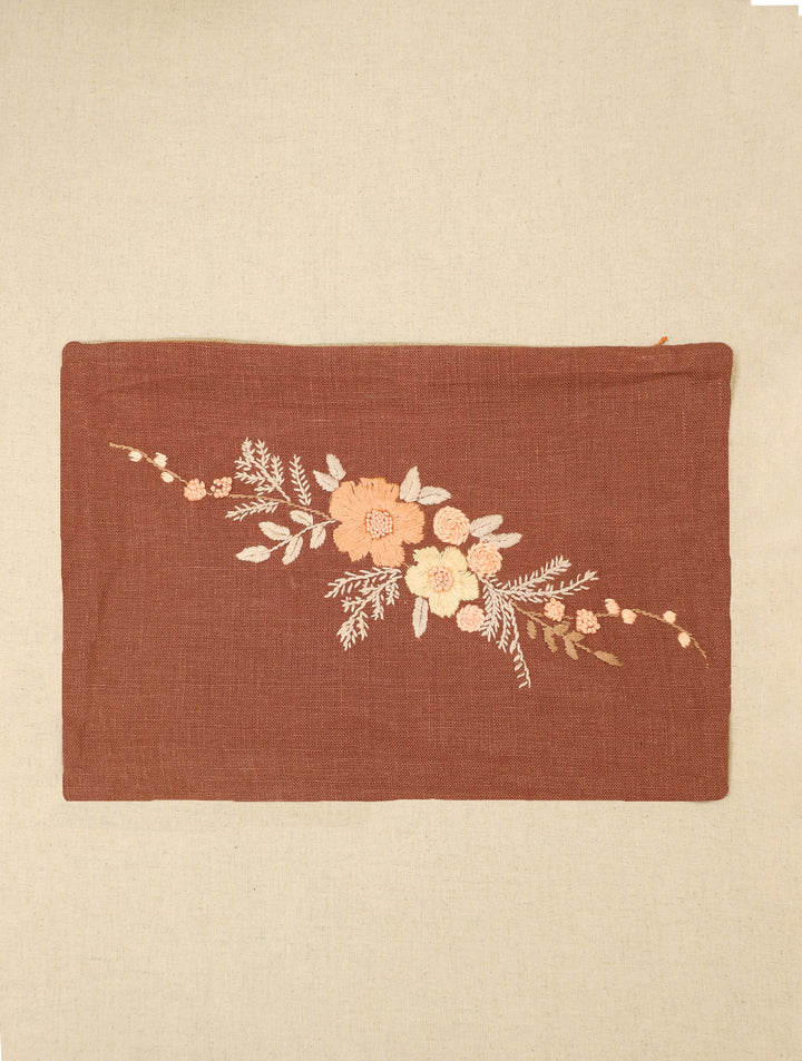 Cedar Blossom : Brown Hand Embroidered Pure Linen Rectangular Cushion Cover 12 by 18, Single piece