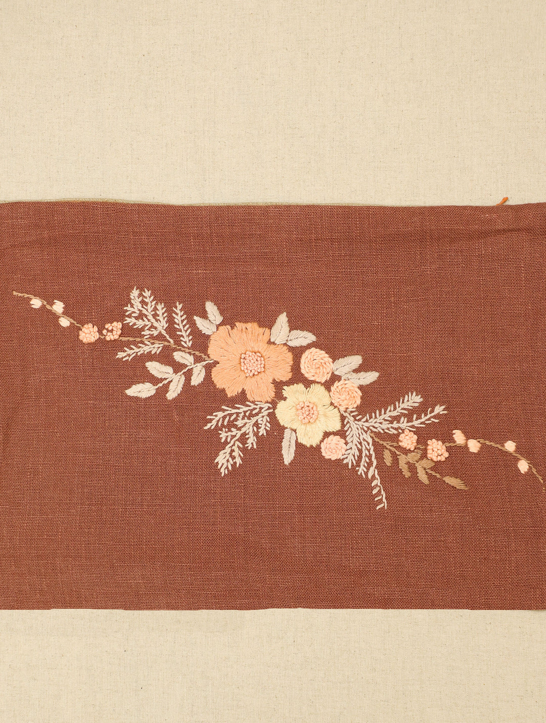Cedar Blossom : Brown Hand Embroidered Pure Linen Rectangular Cushion Cover 12 by 18, Single piece
