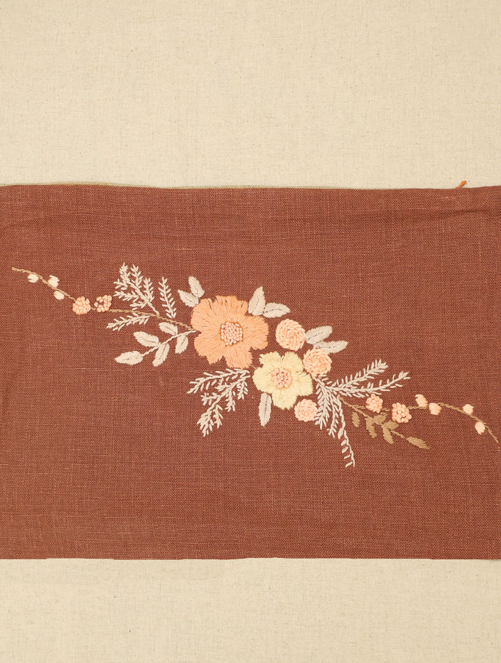 Cedar Blossom : Brown Hand Embroidered Pure Linen Rectangular Cushion Cover 12 by 18, Single piece