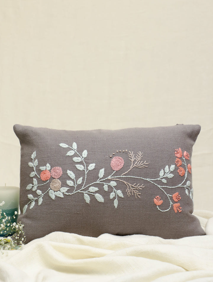 Vines on Cement : Gray Hand Embroidered Florals Pure Linen Rectangular Cushion Cover, 18 by 12, Single piece