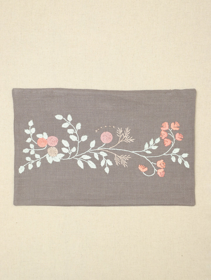 Vines on Cement : Gray Hand Embroidered Florals Pure Linen Rectangular Cushion Cover, 18 by 12, Single piece