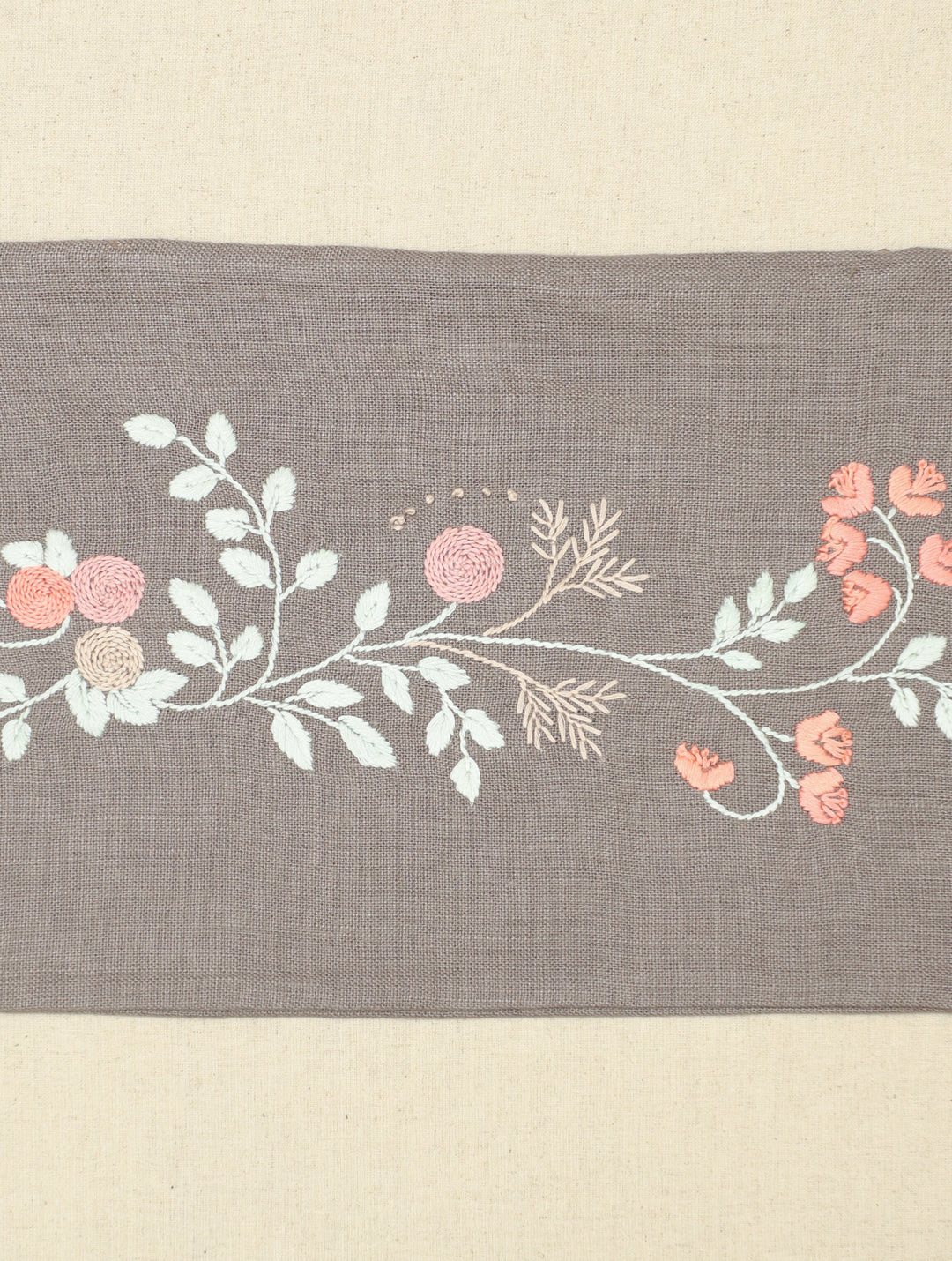 Vines on Cement : Gray Hand Embroidered Florals Pure Linen Rectangular Cushion Cover, 18 by 12, Single piece