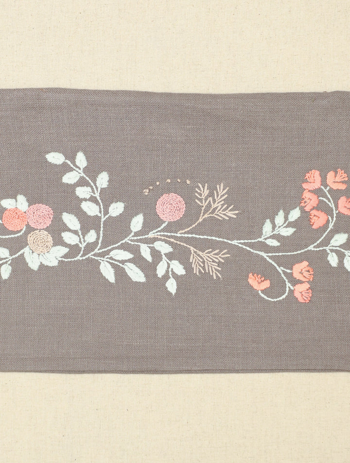 Vines on Cement : Gray Hand Embroidered Florals Pure Linen Rectangular Cushion Cover, 18 by 12, Single piece