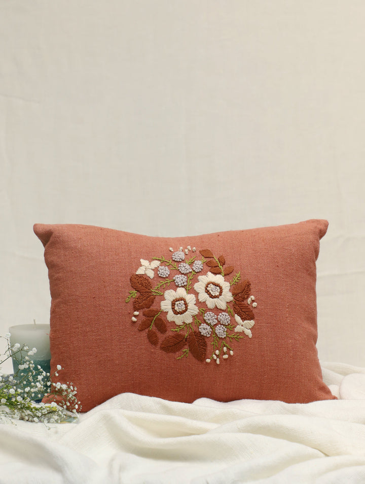 Desert Roses:  Hand Embroidered Pure Linen Rectangular Cushion Cover in Rusty Brown, 12 by 18, Single piece