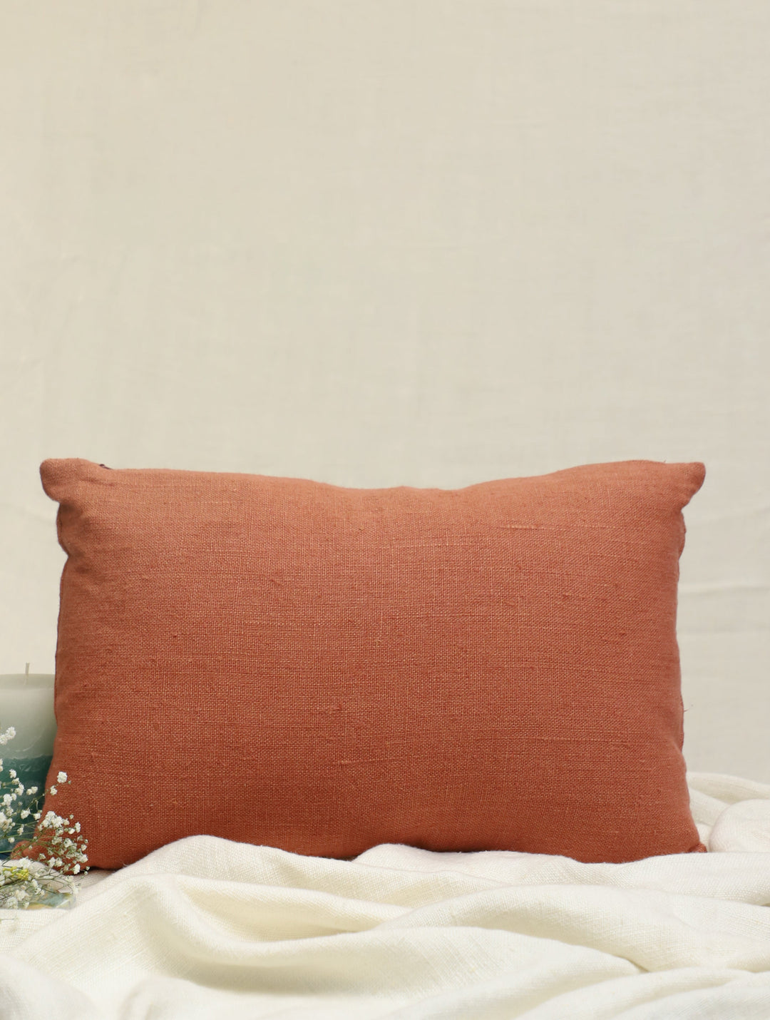 Desert Roses:  Hand Embroidered Pure Linen Rectangular Cushion Cover in Rusty Brown, 12 by 18, Single piece