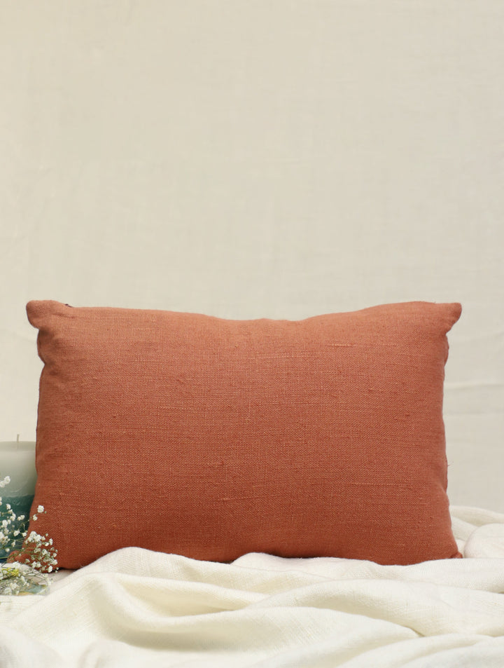 Desert Roses:  Hand Embroidered Pure Linen Rectangular Cushion Cover in Rusty Brown, 12 by 18, Single piece