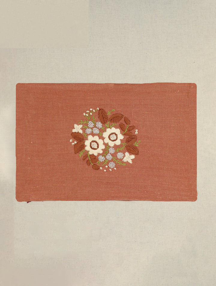 Desert Roses:  Hand Embroidered Pure Linen Rectangular Cushion Cover in Rusty Brown, 12 by 18, Single piece
