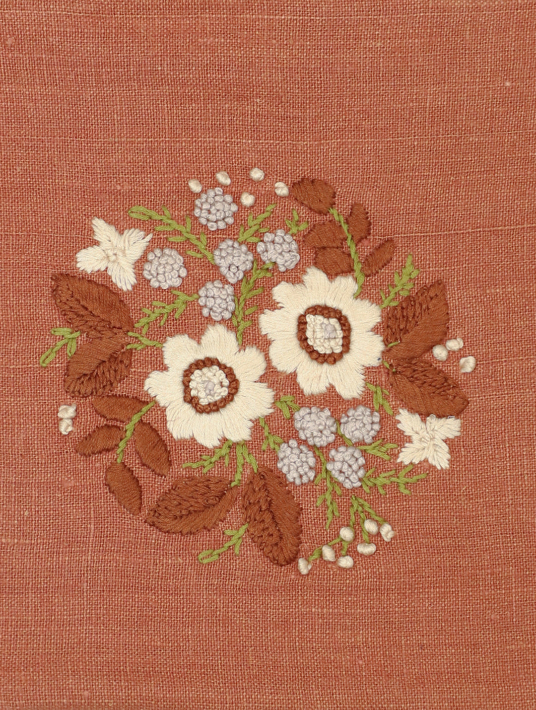 Desert Roses:  Hand Embroidered Pure Linen Rectangular Cushion Cover in Rusty Brown, 12 by 18, Single piece