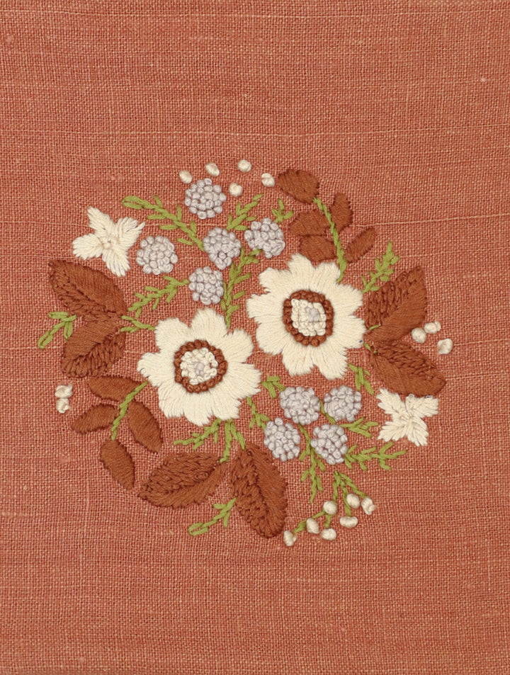 Desert Roses:  Hand Embroidered Pure Linen Rectangular Cushion Cover in Rusty Brown, 12 by 18, Single piece