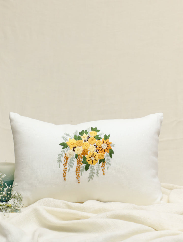 Floral Dreams : Off White Hand Embroidered Cotton Twill Rectangular Cushion Cover 12 by 18, Single piece