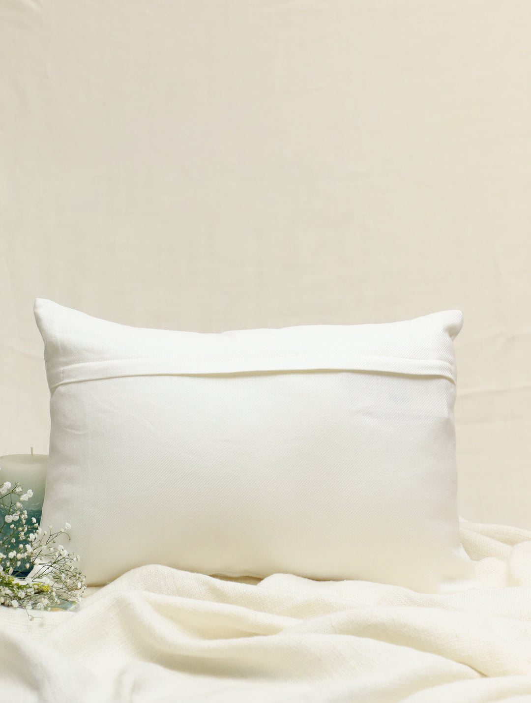 Floral Dreams : Off White Hand Embroidered Cotton Twill Rectangular Cushion Cover 12 by 18, Single piece