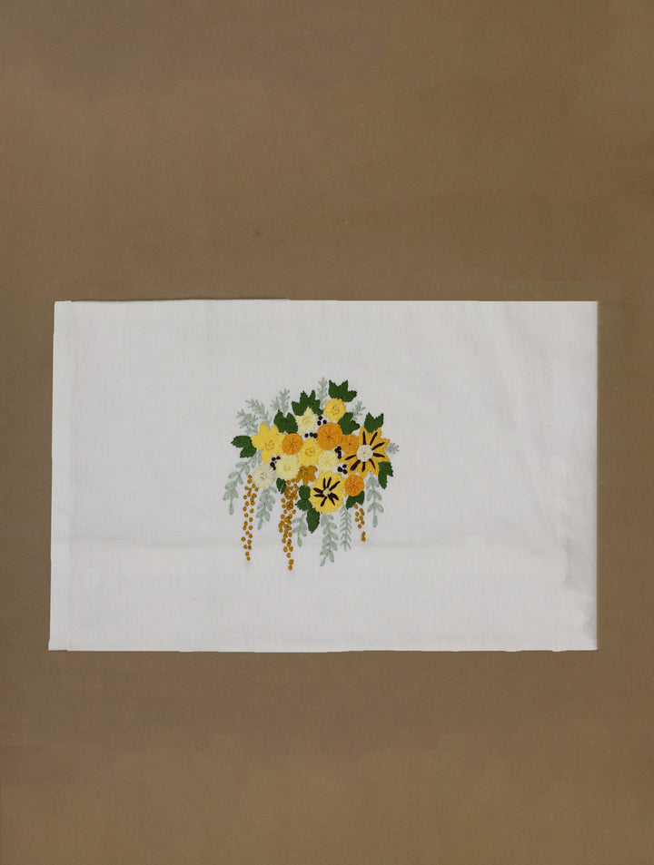 Floral Dreams : Off White Hand Embroidered Cotton Twill Rectangular Cushion Cover 12 by 18, Single piece