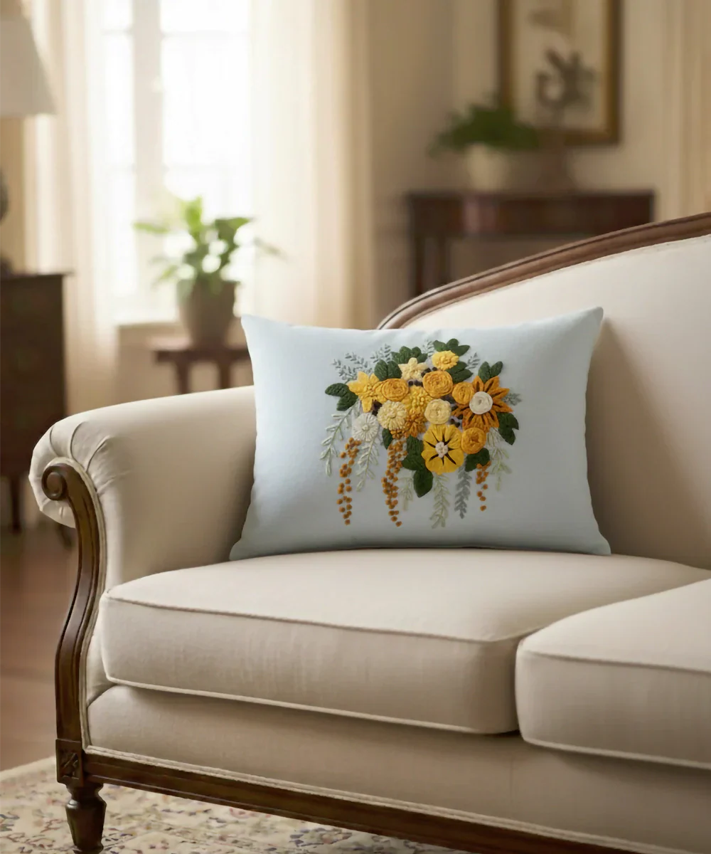 Off White & Yellow Hand Emb Pure Linen Cushion Cover (12x18 In) | SHOBITAM