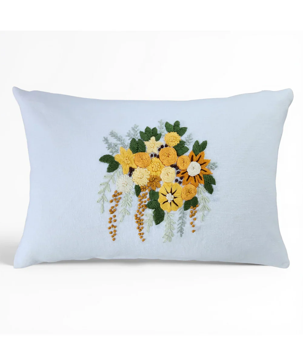 Off White & Yellow Hand Emb Pure Linen Cushion Cover (12x18 In) | SHOBITAM