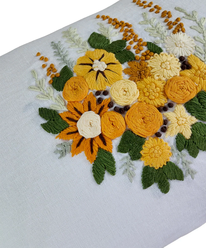 Off White & Yellow Hand Emb Pure Linen Cushion Cover (12x18 In) | SHOBITAM