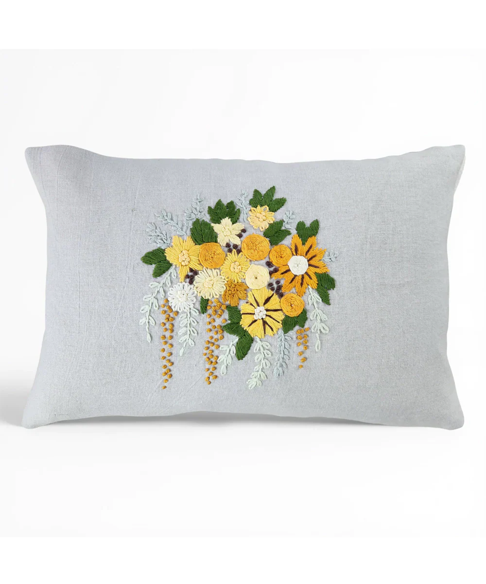 Natural Grey & Yellow Hand Emb Pure Linen Cushion Cover (12x18 In) | SHOBITAM