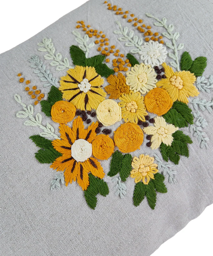 Natural Grey & Yellow Hand Emb Pure Linen Cushion Cover (12x18 In) | SHOBITAM