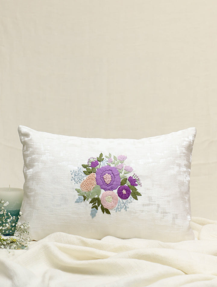 Lavender Garden : Pure Linen Cusion Cover with Hand Embroidered Florals, Size 12 x 18, Single piece