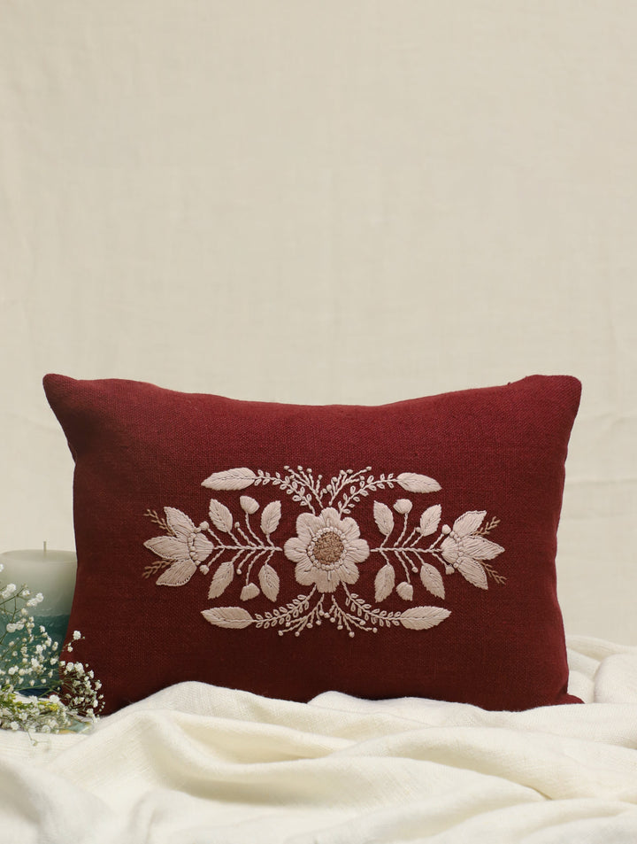 Plum Wine Brown Hand Embroidered Pure Linen Rectangular Cushion Cover 12 by 18,Single Piece