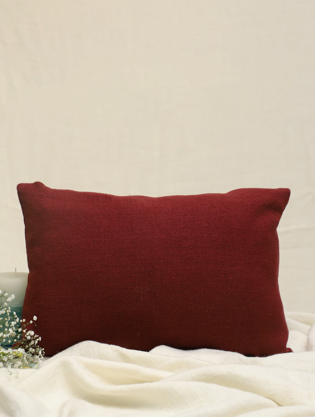 Plum Wine Brown Hand Embroidered Pure Linen Rectangular Cushion Cover 12 by 18,Single Piece