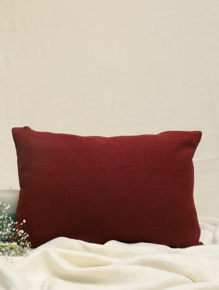 Plum Wine Brown Hand Embroidered Pure Linen Rectangular Cushion Cover 12 by 18,Single Piece