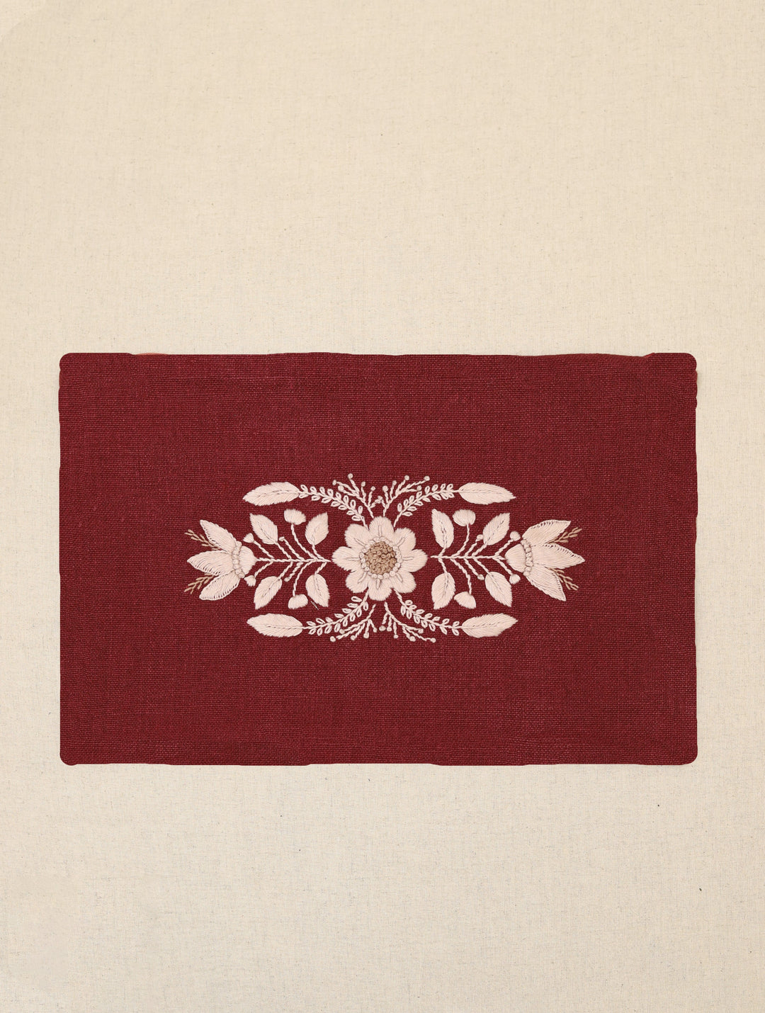 Plum Wine Brown Hand Embroidered Pure Linen Rectangular Cushion Cover 12 by 18,Single Piece