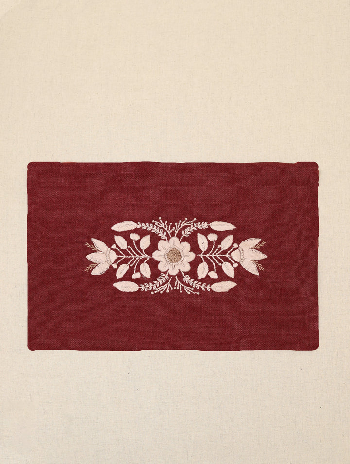 Plum Wine Brown Hand Embroidered Pure Linen Rectangular Cushion Cover 12 by 18,Single Piece