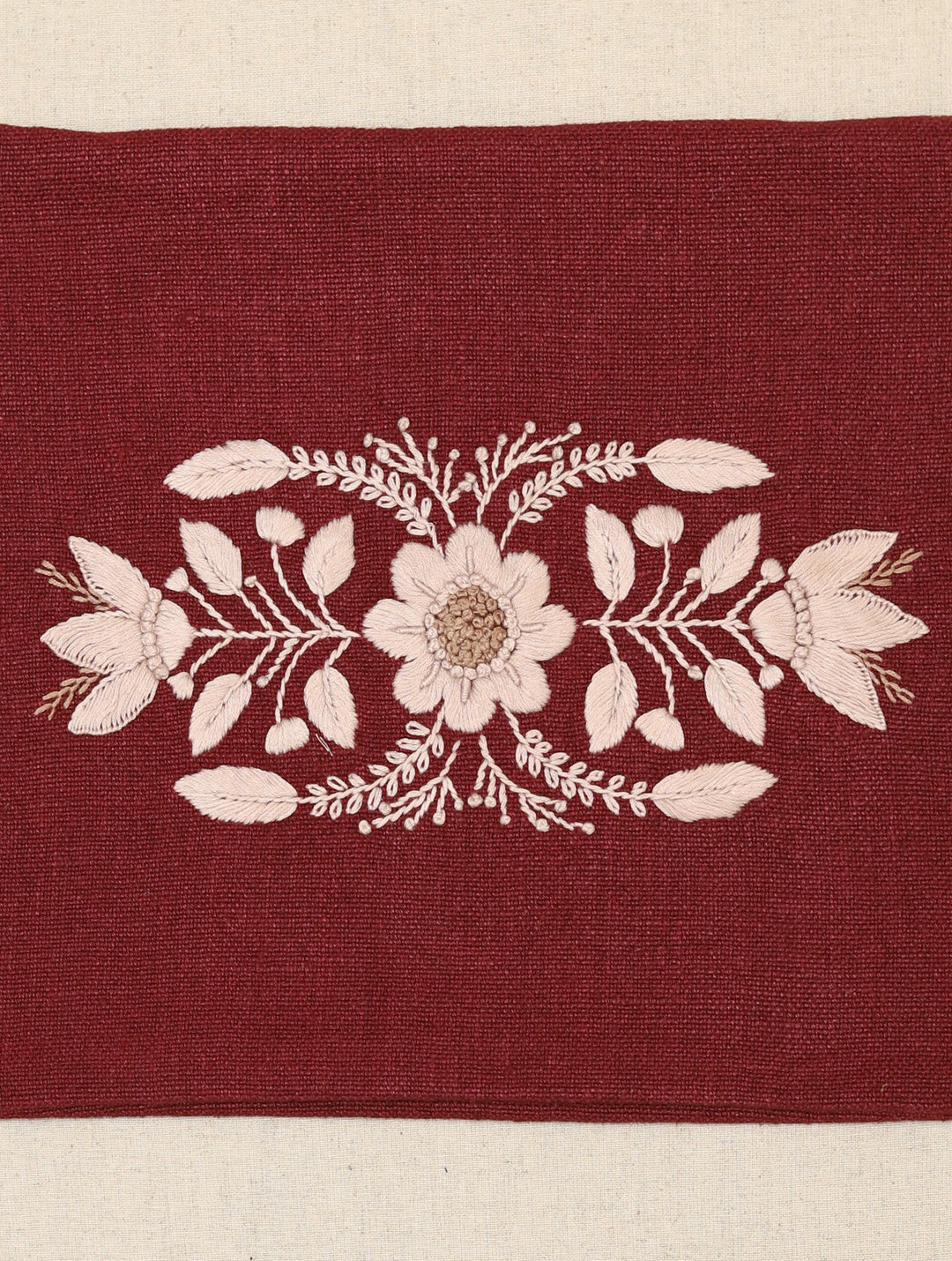 Plum Wine Brown Hand Embroidered Pure Linen Rectangular Cushion Cover 12 by 18,Single Piece