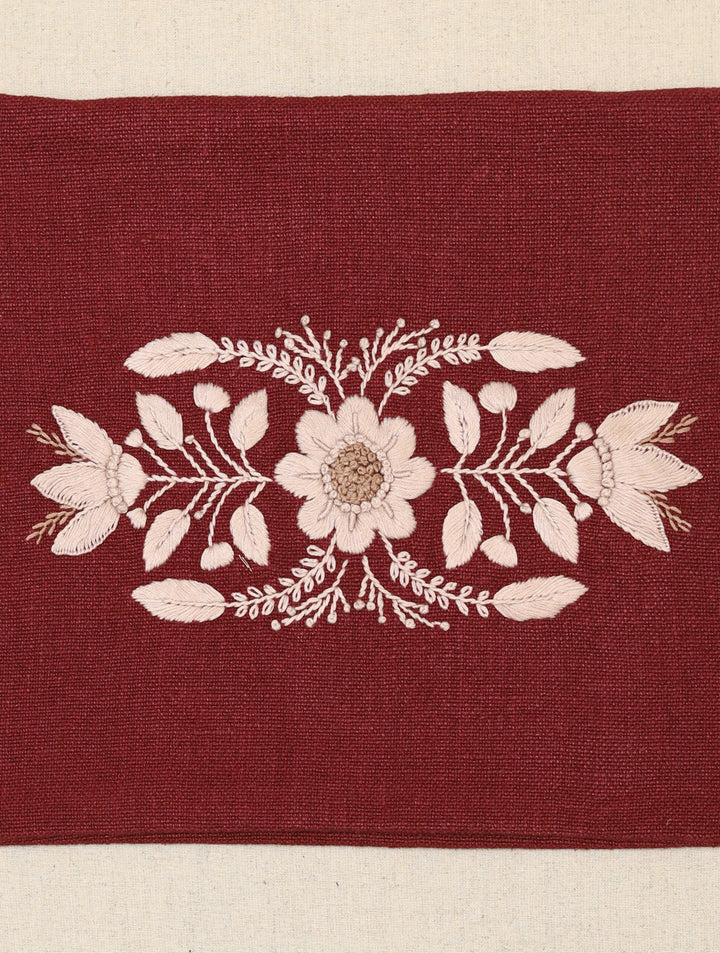 Plum Wine Brown Hand Embroidered Pure Linen Rectangular Cushion Cover 12 by 18,Single Piece