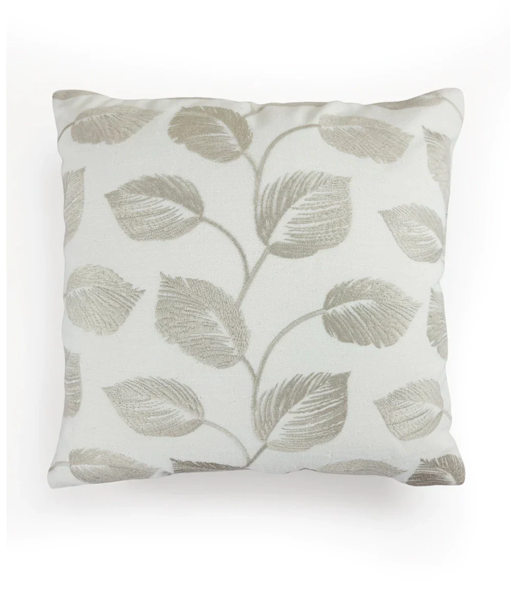 Cream & Beige Leaf All over Embroidered Cotton Cushion Cover (16x16 Inches) | SHOBITAM