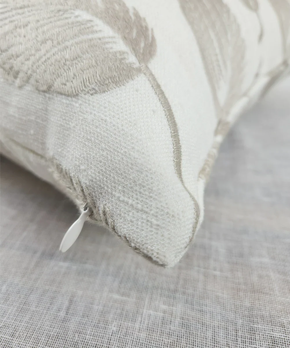 Cream & Beige Leaf All over Embroidered Cotton Cushion Cover (16x16 Inches) | SHOBITAM