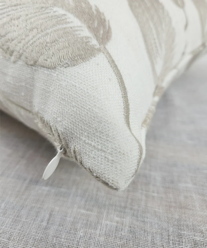 Cream & Beige Leaf All over Embroidered Cotton Cushion Cover (16x16 Inches) | SHOBITAM