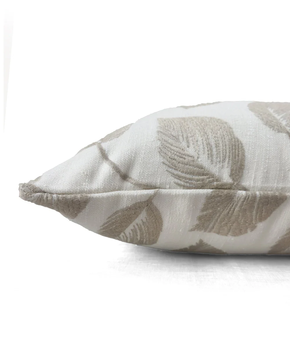 Cream & Beige Leaf All over Embroidered Cotton Cushion Cover (16x16 Inches) | SHOBITAM