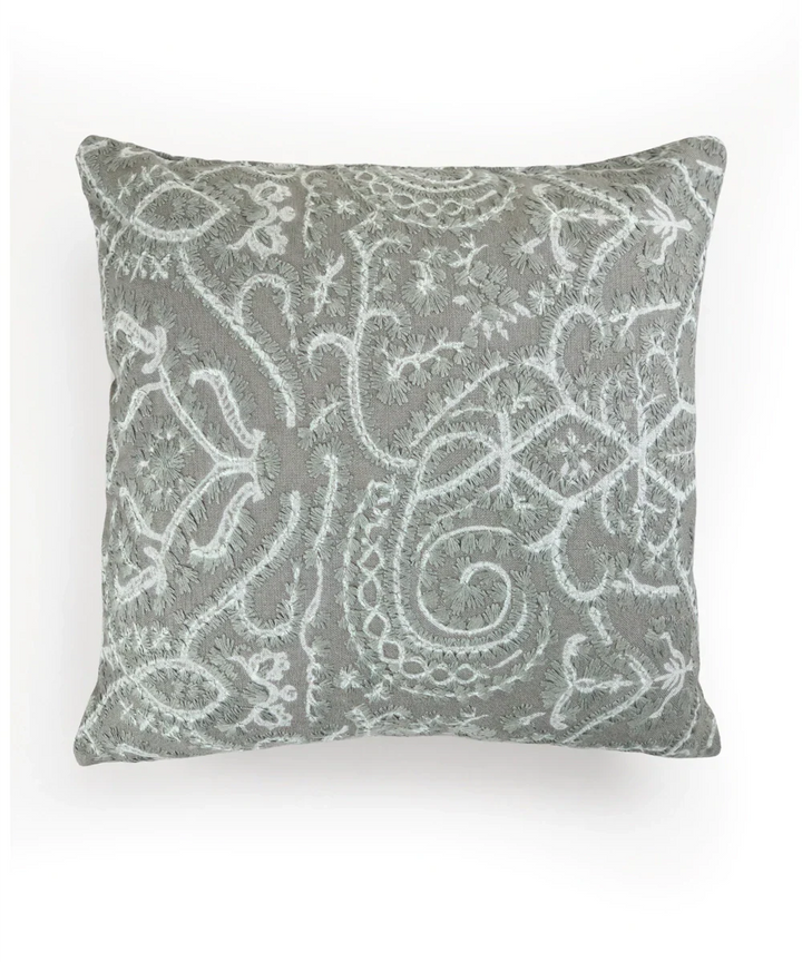 Greyish Green All Over Embroidered Cushion Cover (16x16 Inches) | SHOBITAM