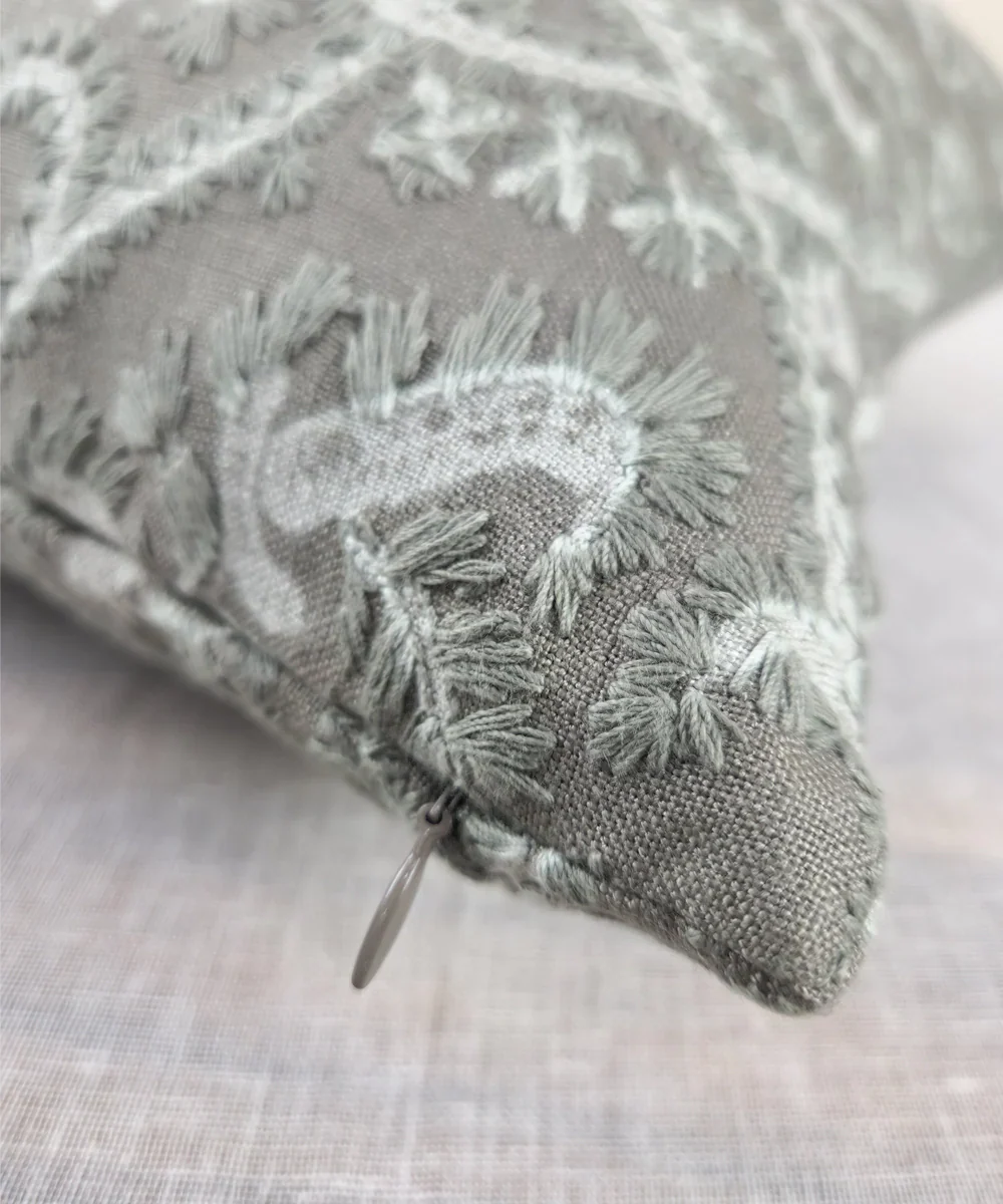 Greyish Green All Over Embroidered Cushion Cover (16x16 Inches) | SHOBITAM