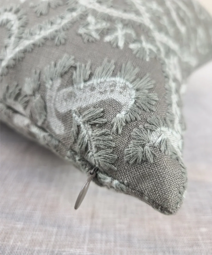 Greyish Green All Over Embroidered Cushion Cover (16x16 Inches) | SHOBITAM
