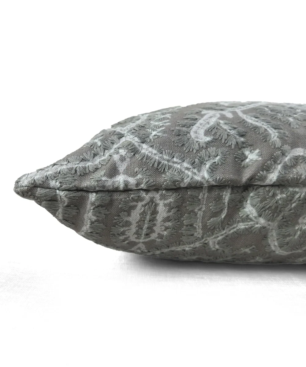 Greyish Green All Over Embroidered Cushion Cover (16x16 Inches) | SHOBITAM