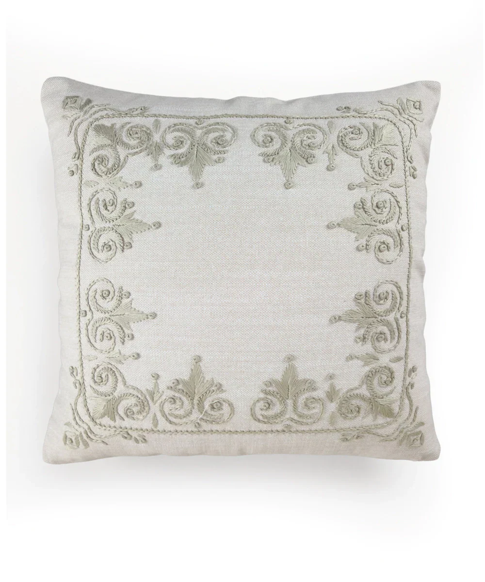 Light Beige Rajwarah Hand Embroidered Cushion Cover (16x16 Inches) | SHOBITAM
