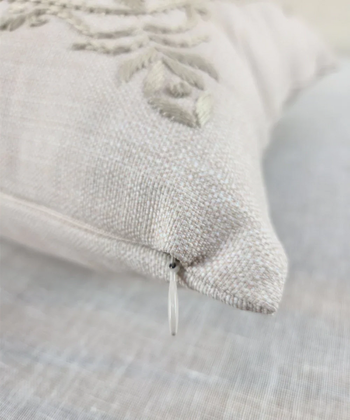 Light Beige Rajwarah Hand Embroidered Cushion Cover (16x16 Inches) | SHOBITAM