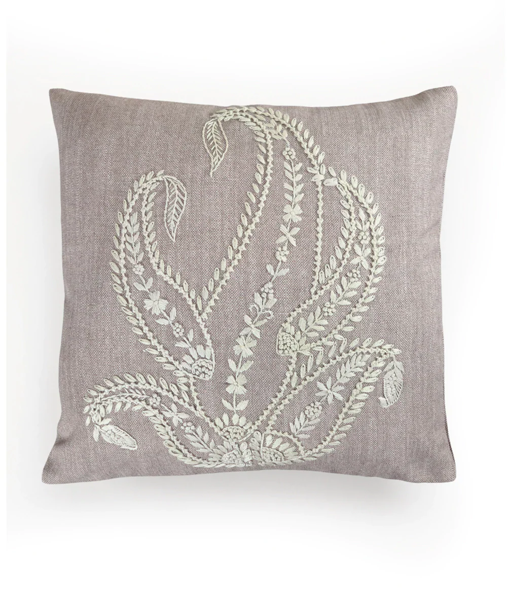 Light Brown Paisley Hand Embroidered Cushion Cover (16 x 16 Inches) | SHOBITAM